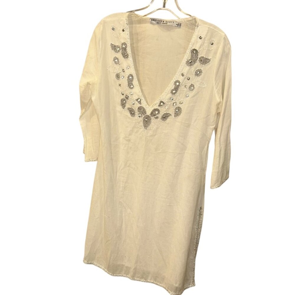 Gretchen Scott Designs white silver sparkly Paisley design trim tunic cover up S